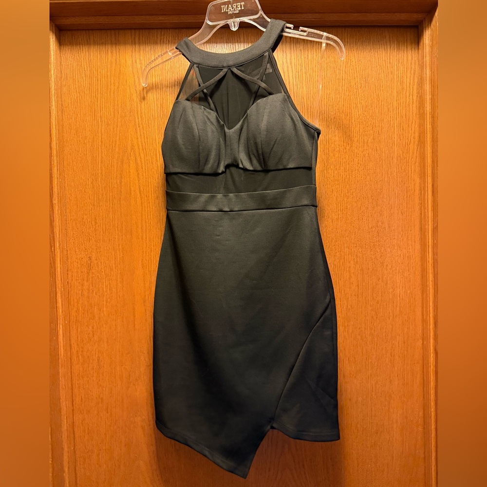 Emerald Sundae Black Halter Mini Dress with Sheer Insets